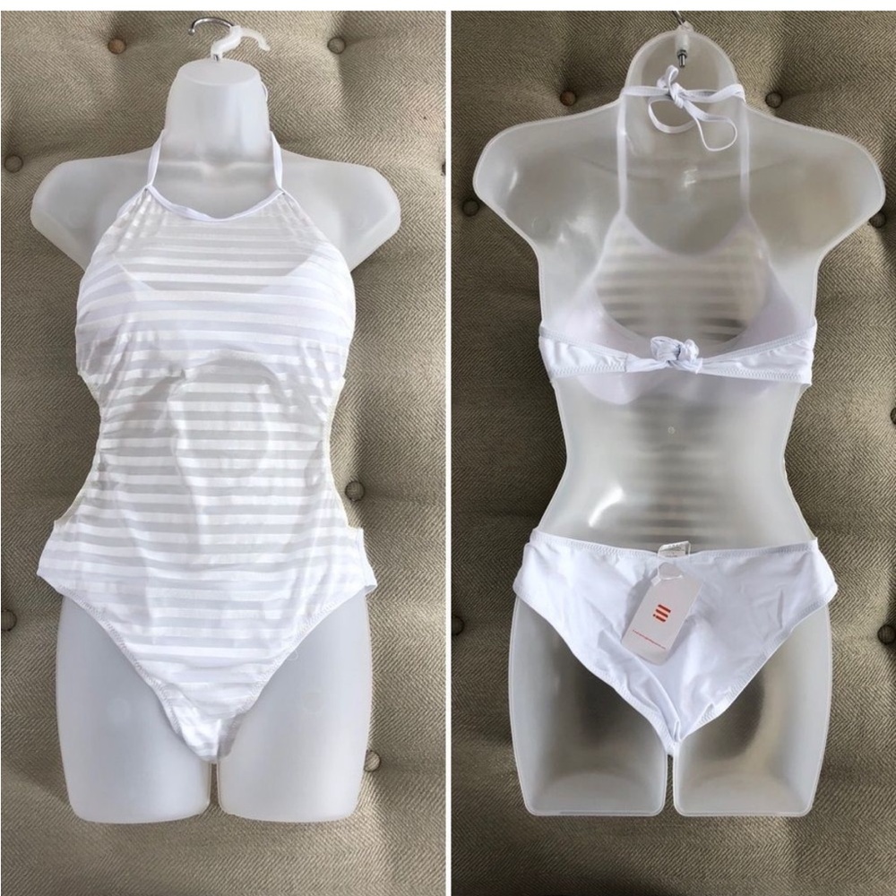 White Tonal Striped 1pc Swimsuit Mesh NWT
